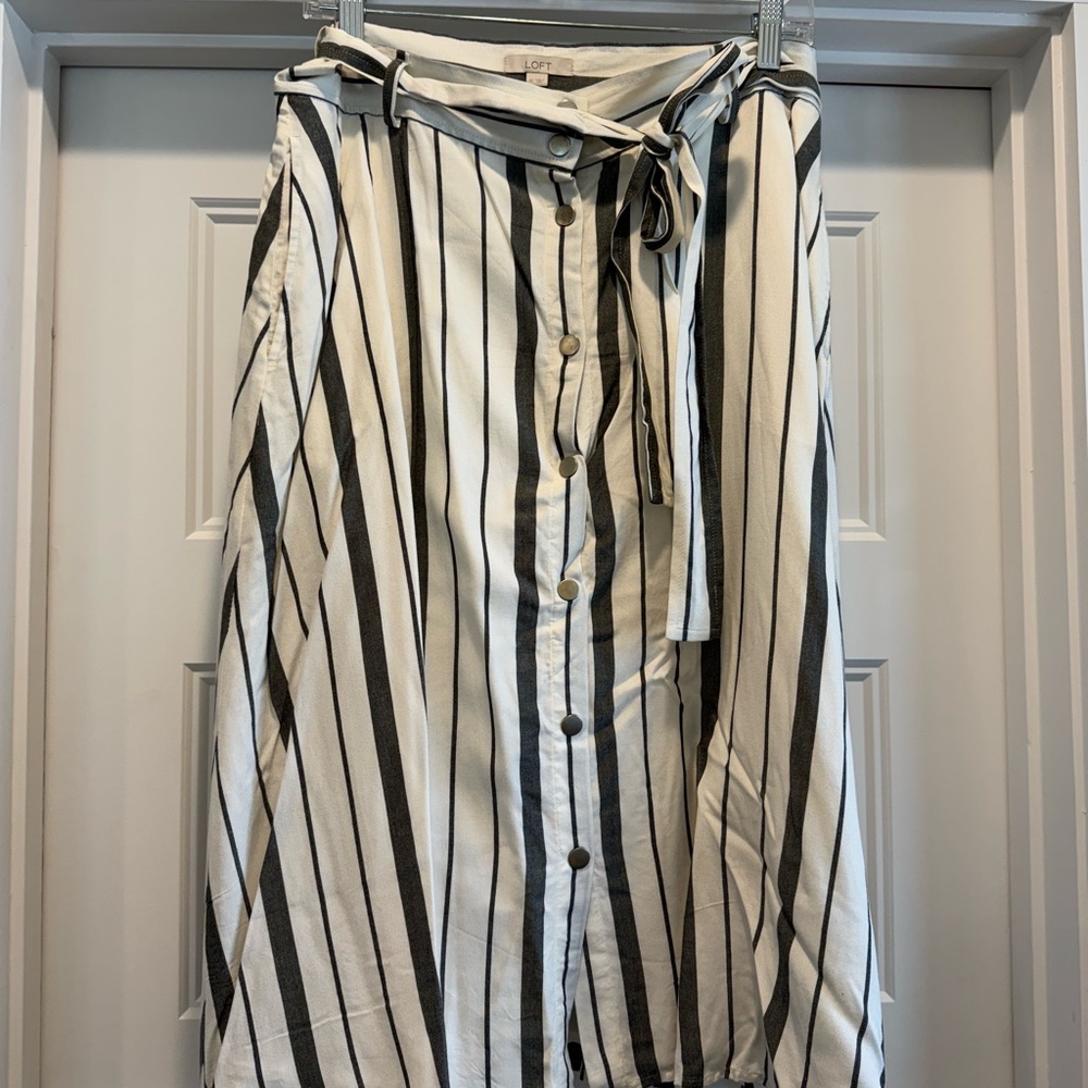LOFT Black and White Striped Midi Skirt